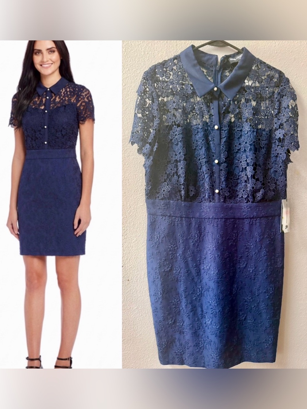KARL LAGERFELD COLLARED NAVY LACE TOP DRESS W/PEARL BUTTONS SIZE 14~NWT